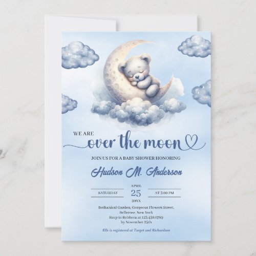 Watercolor teddy bear over the moon Baby Shower Invitation