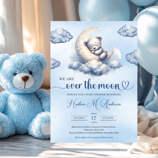 Watercolor teddy bear over the moon Baby Shower Invitation (we are over the moon boy baby shower invitation with teddy bear)