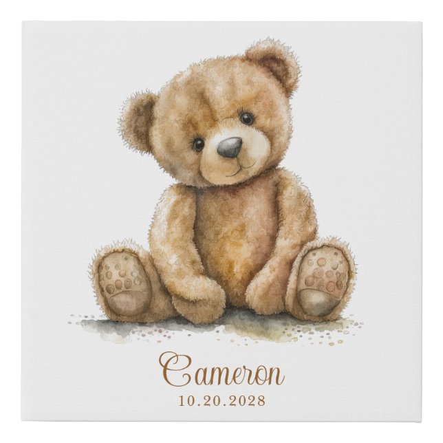 Watercolor Teddy Bear Personalized Faux Canvas Print (Front)