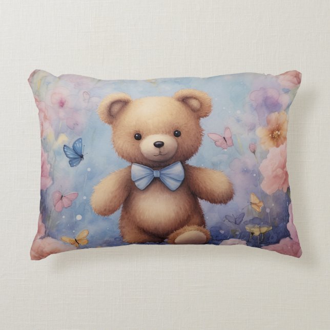 Watercolor Teddy Bear Pillow gift botanical gift (Front)
