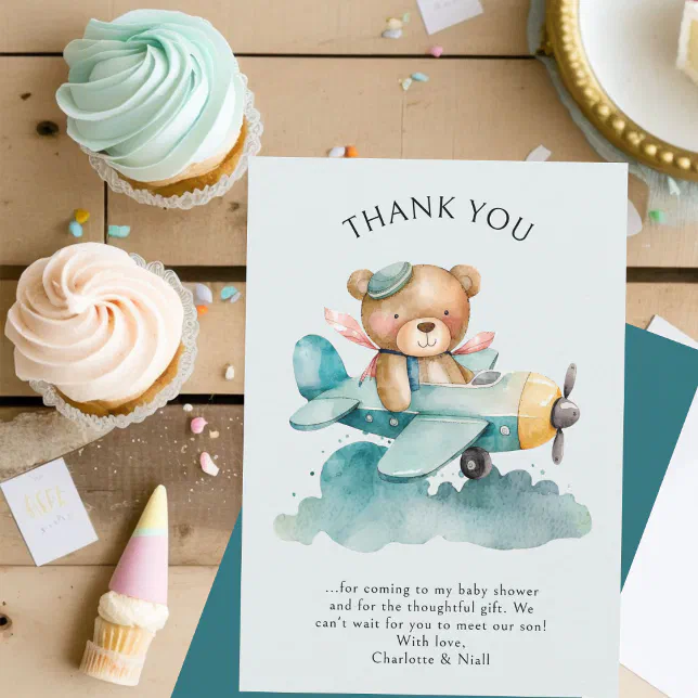 Watercolor Teddy Bear Pilot Baby Shower Thank You Card Zazzle