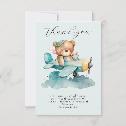Watercolor Teddy Bear Pilot Baby Shower  Thank You Card