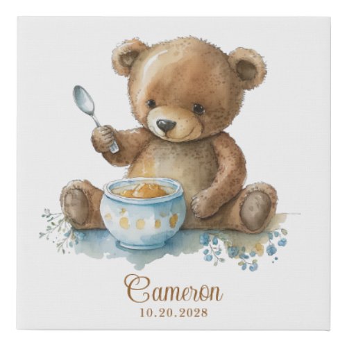 Watercolor Teddy Bear Porridge Bowl Personalized Faux Canvas Print
