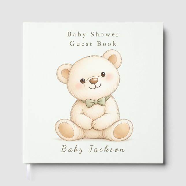 Watercolor Teddy Bear Sage Green Foil Guest Book (Front)