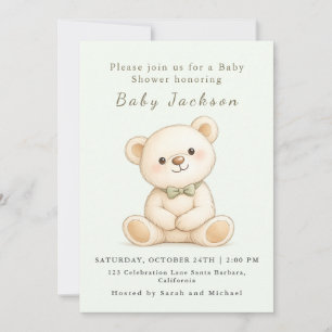 Watercolor Teddy Bear Sage Green Invitation