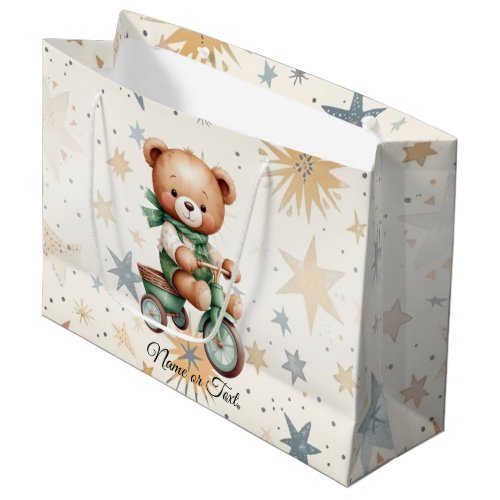 Watercolor Teddy Bear Stars Green Bike Beautiful Large Gift Bag