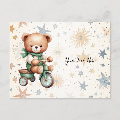 Watercolor Teddy Bear Stars Green Bike Beautiful Postcard