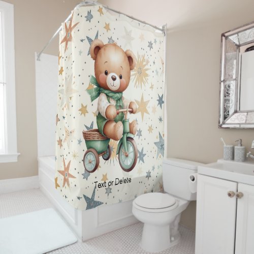 Watercolor Teddy Bear Stars Green Bike Beautiful Shower Curtain