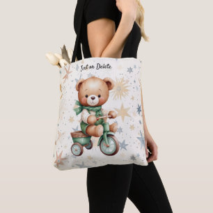 Watercolor Teddy Bear Stars Green Bike Beautiful Tote Bag