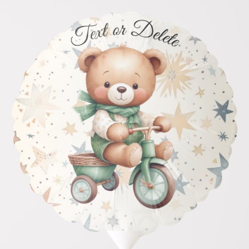 Watercolor Teddy Bear Stars Green Bike Party Balloon
