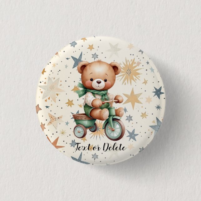 Watercolor Teddy Bear Stars Green Bike Party Button (Front)