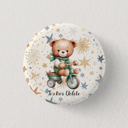 Watercolor Teddy Bear Stars Green Bike Party Button