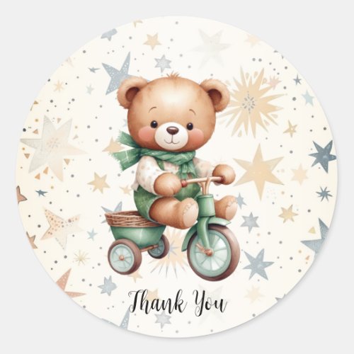 Watercolor Teddy Bear Stars Green Bike Party Classic Round Sticker