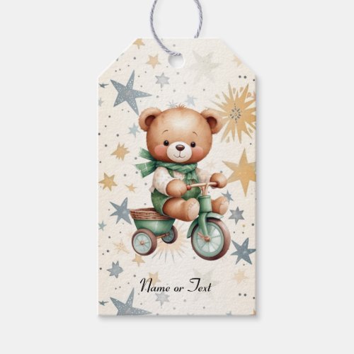 Watercolor Teddy Bear Stars Green Bike Party Gift Tags