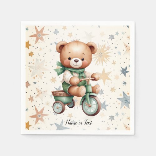 Watercolor Teddy Bear Stars Green Bike Party Napkins