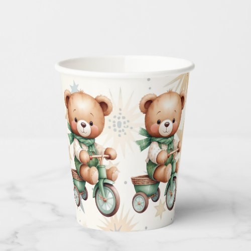 Watercolor Teddy Bear Stars Green Bike Party Paper Cups