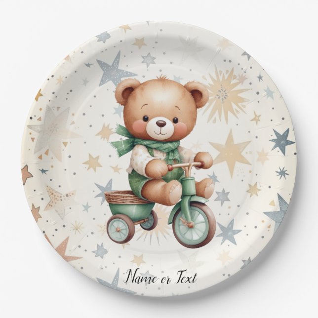 Watercolor Teddy Bear Stars Green Bike Party Paper Plates (Front)