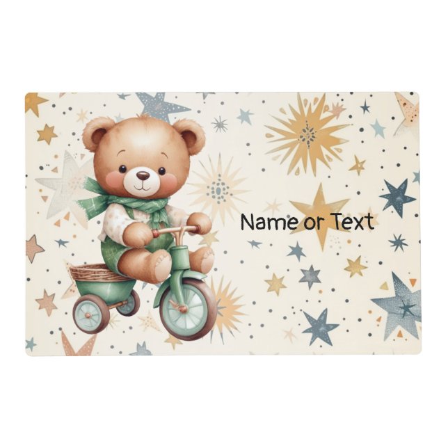 Watercolor Teddy Bear Stars Green Bike Party Placemat (Front)
