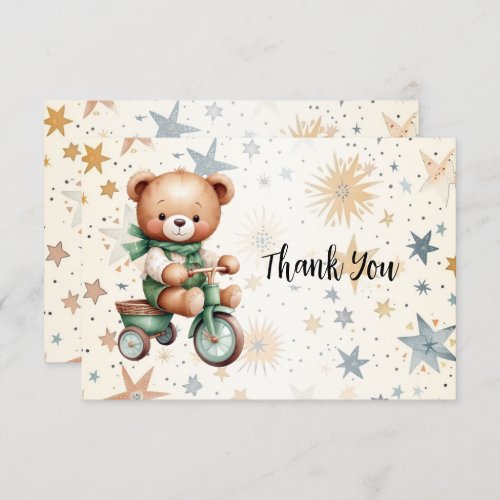 Watercolor Teddy Bear Stars Green Bike Party Thank You Card