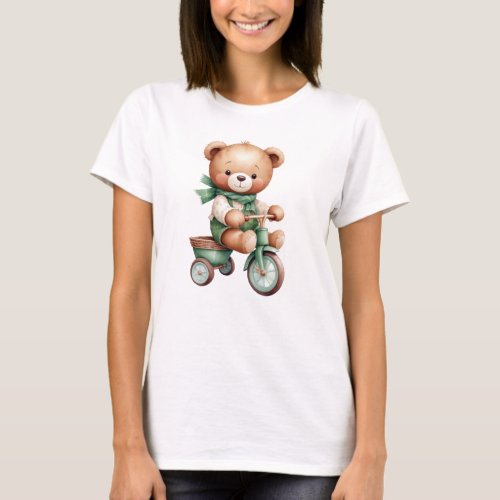 Watercolor Teddy Bear Stars Green Bike Party Women T_Shirt