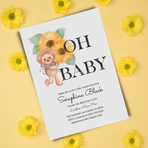 Watercolor Teddy Bear Sunflower Baby Shower Invitation
