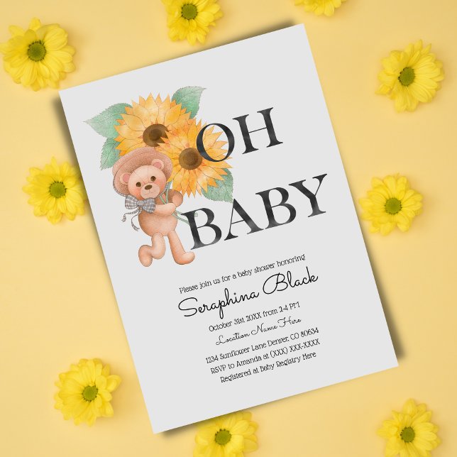 Watercolor Teddy Bear Sunflower Baby Shower Invitation (Creator Uploaded)