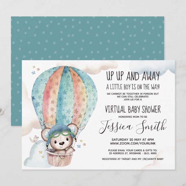 Watercolor Teddy Bear | Virtual Baby Shower Invitation (Front/Back)