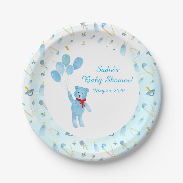 Watercolor Teddy Bear With Balloons Baby Shower Paper Plates (Front)