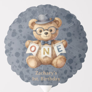 Watercolor Teddy Bear with ONE Banner Birthday  Balloon
