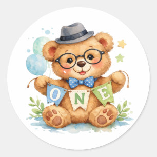 Watercolor Teddy Bear with ONE Banner Birthday Classic Round Sticker