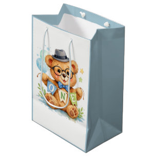 Watercolor Teddy Bear with ONE Banner Birthday  Medium Gift Bag