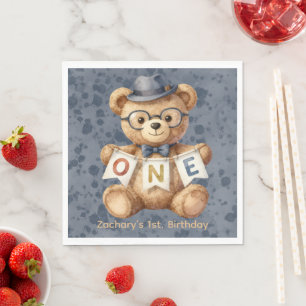 Watercolor Teddy Bear with ONE Banner Birthday Napkins