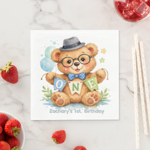 Watercolor Teddy Bear with ONE Banner Birthday Napkins