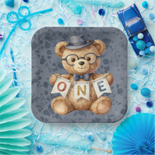 Watercolor Teddy Bear with ONE Banner Birthday Paper Plates