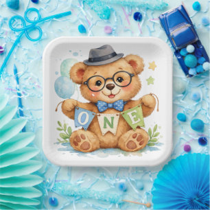 Watercolor Teddy Bear with ONE Banner Birthday  Paper Plates