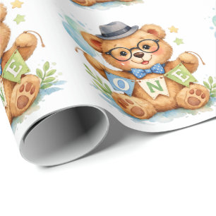 Watercolor Teddy Bear with ONE Banner Birthday Wrapping Paper