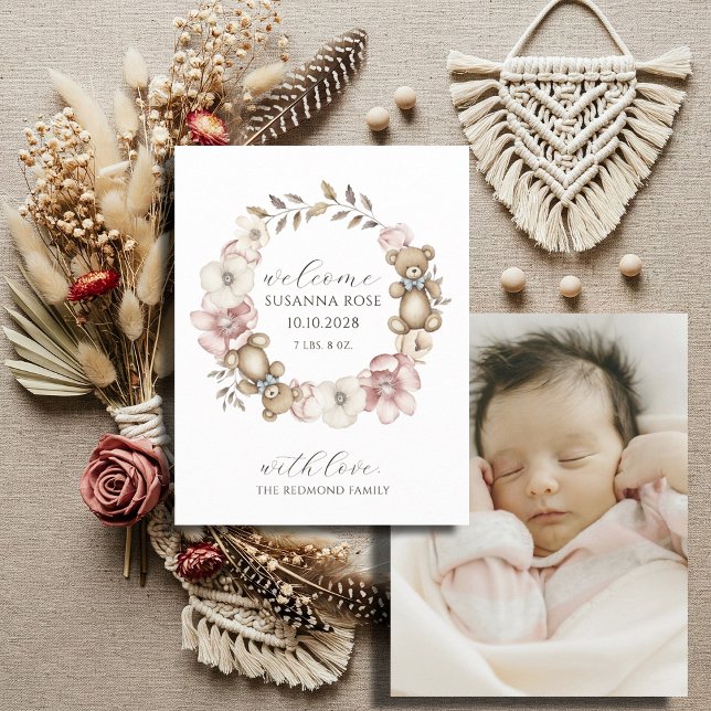 Watercolor Teddy Bear Wreath Photo  Announcement (Creator Uploaded)