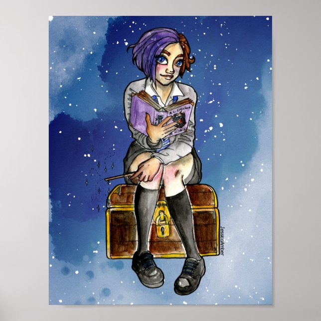 Watercolor Teen Girl Witch Cartoon Illustration Poster (Front)