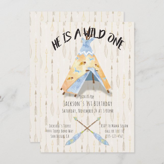 Watercolor Teepee 1st Birthday tribal boho Boy Invitation (Front/Back)