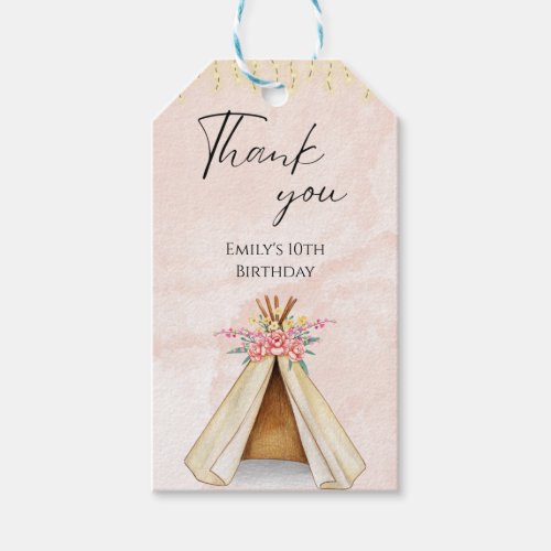 Watercolor Teepee Sleepover Birthday Thank you  Gift Tags