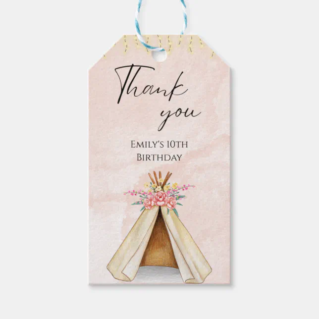 Watercolor Teepee Sleepover Birthday Thank you Gift Tags | Zazzle