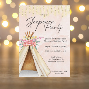 Watercolor Teepee Tent Sleepover Birthday Party In Invitation