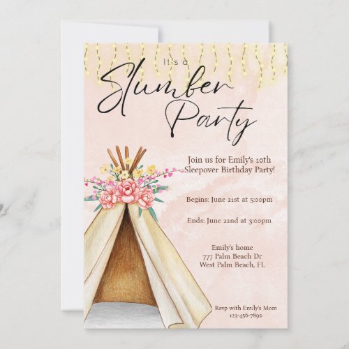 Watercolor Teepee Tent Slumber Party Birthday Invitation