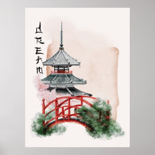 Watercolor Temple Red Bridge Japanese Art Poster