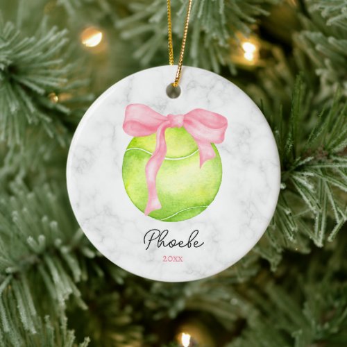 Watercolor Tennis Ball ft Preppy Pink Coquette Bow Ceramic Ornament