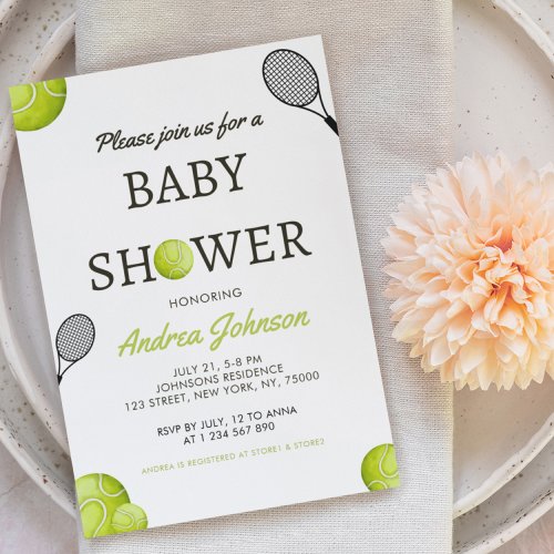 Watercolor Tennis Ball  Racket Player Baby Shower Save The Date