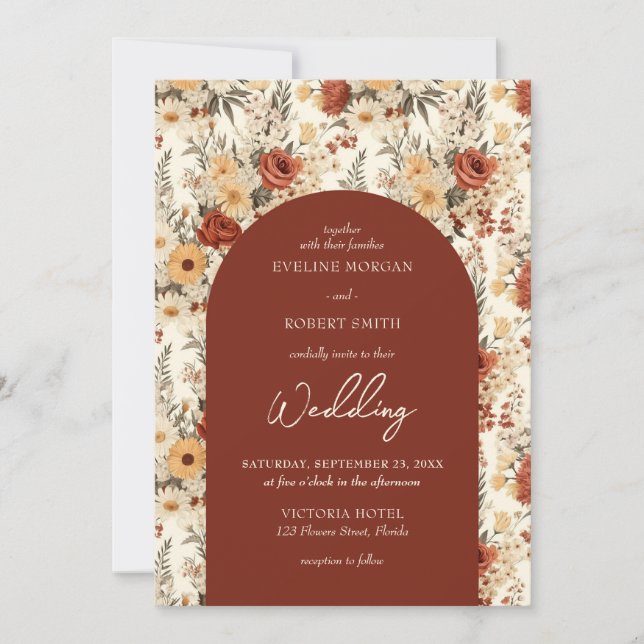 Watercolor terracotta and ivory wild flowers invitation (Front)
