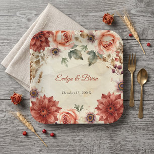Watercolor Terracotta Autumn Floral Rustic Wedding Paper Plates