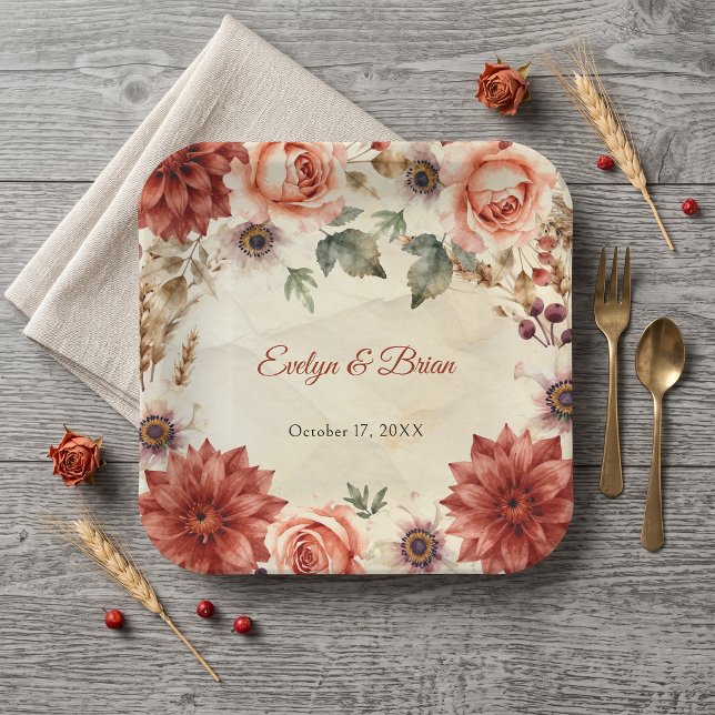 Watercolor Terracotta Autumn Floral Rustic Wedding Paper Plates (Creator Uploaded)