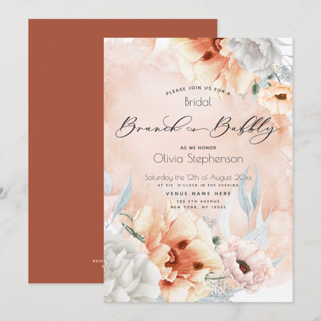 Watercolor Terracotta Brunch Bubbly Bridal Shower Invitation (Front/Back)